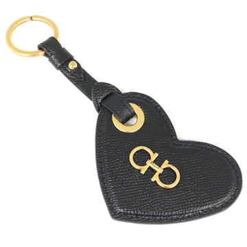 SALVATORE FERRAGAMO Ferragamo Keyring Double Gancini 22D865 Black Leather Keychain Heart Motif Bag Charm Ladies