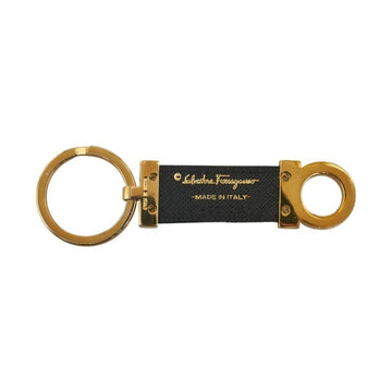 SALVATORE FERRAGAMO Gancini Keychain Key Ring JI-22 Gold Black Plated Leather Ladies