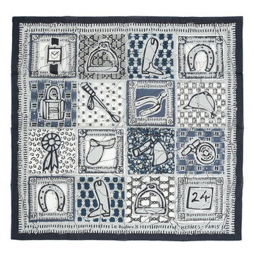 HERMES Carre 70 Muffler/Scarf What dwells in the object Gray Navy 100% Cotton Years