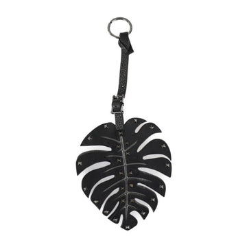 VALENTINO Garavani Keychain MY0P0683PZL Leather Metal Black Tropical Leaf Bag Charm Keyring