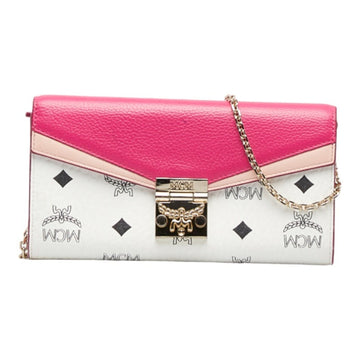 MCM Chain Long Wallet Pink White PVC Leather Ladies