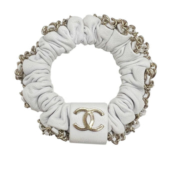 CHANEL Scrunchie A22B Coco Mark Hair Tie Leather Chain White Ladies
