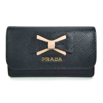 PRADA Key Case Leather Black x Pink Beige Gold Women's