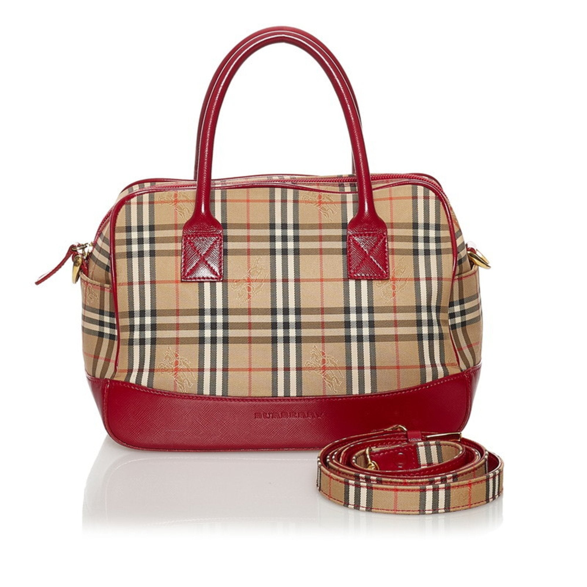 Burberry Nova Check Shadow Horse Handbag Shoulder Bag Beige Red Canvas