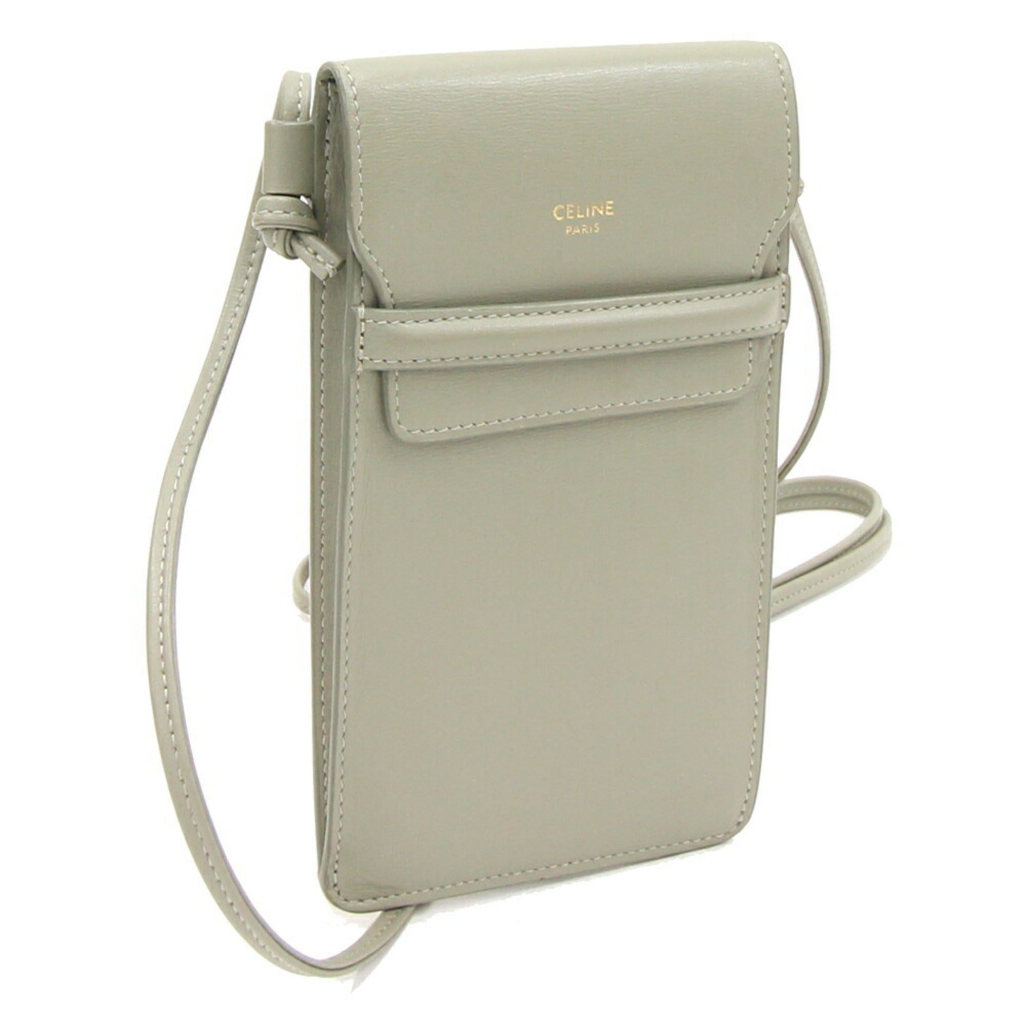 CELINE Shoulder Bag Green Clay Leather Women's Phone Pouch