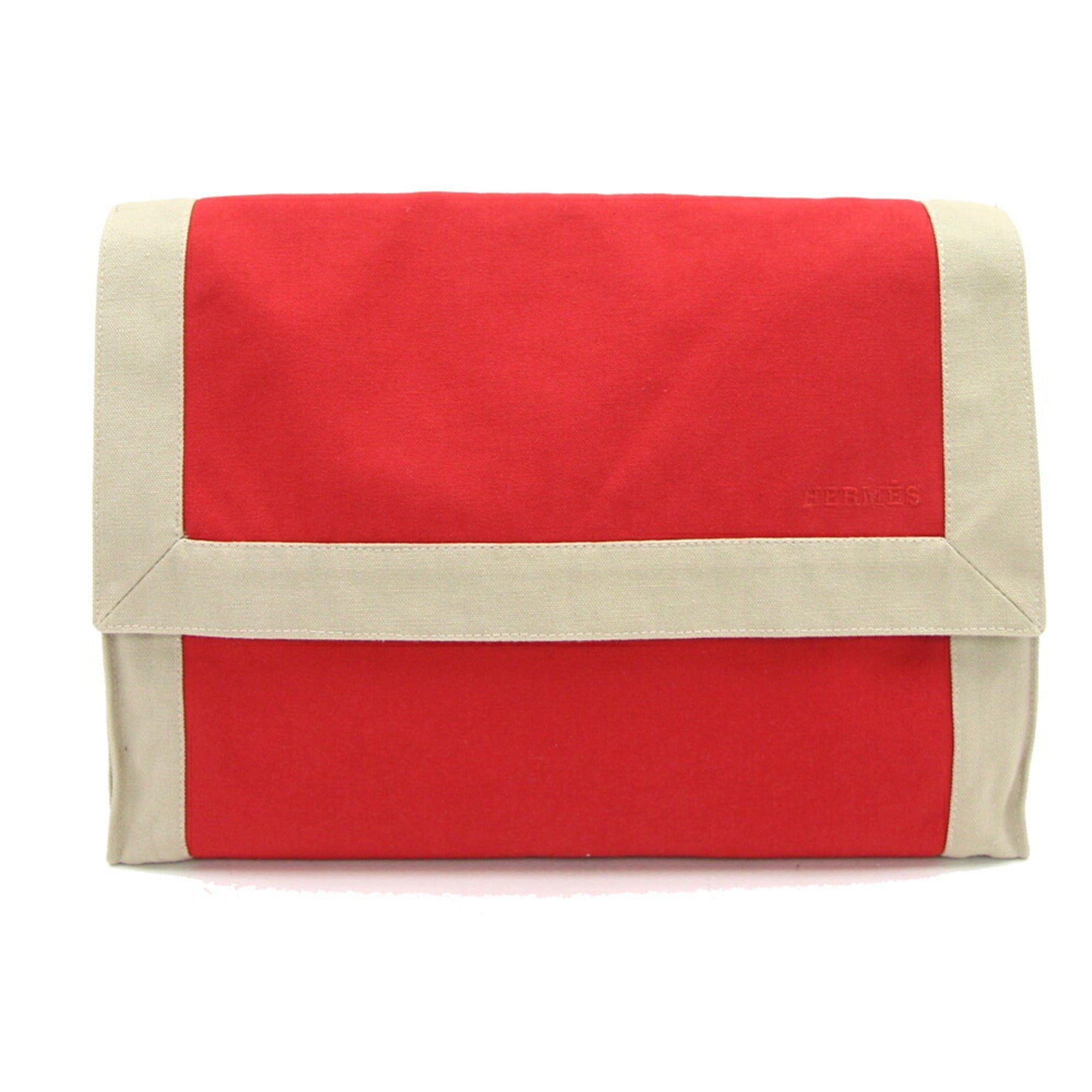 HERMES Clutch Bag Tapidosel Red Beige Canvas Pouch Women's