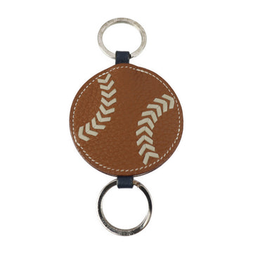 HERMES Portocre Baseball Keychain H074854CKAA Ever Color Brown Light Gray Navy Silver Metal Fittings Ball Key Ring Charm C Engraved