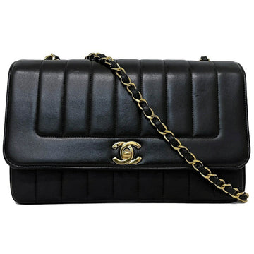 Chanel Chain Shoulder Bag Black Mademoiselle Single Flap Lambskin No Seal CHANEL Coco Mark Turn Lock Quilted Stripe Ladies