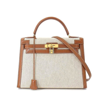 Hermes Kelly 32 2way hand shoulder bag toile ash Couchbel Epson natural gold X stamp outside sewing metal fittings