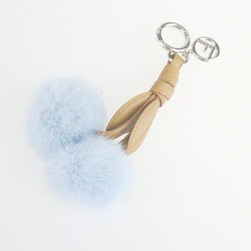 FENDI key holder 7AR642 6Y9 leather fur brown light blue cherry bag charm ring