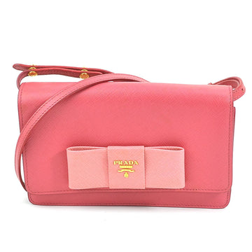 PRADA Crossbody Shoulder Bag Wallet Ribbon Leather Pink Gold Ladies