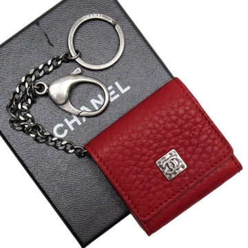 CHANEL photo case key ring charm here mark red system x silver leather metal material