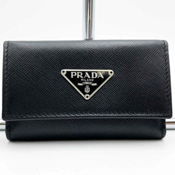 PRADA Key Case Keychain 6 Row Triangle Black Leather Women's Men's Fashion Accessories ITA69BHL297K