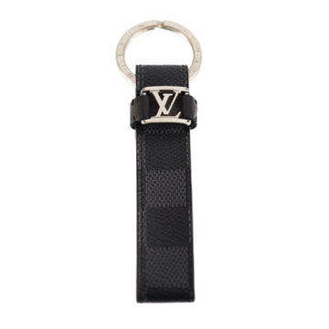 LOUIS VUITTON LV Dragonne Keychain M62706 Damier Graphite Canvas Leather Black Gray Silver Hardware Key Ring Bag Charm