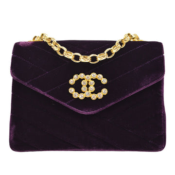 CHANEL * 1991-1994 Purple Velvet Rhinestone CC Diagonal Letter Flap Bag 73515