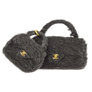 CHANEL * 1991-1994 Classic Flap Handbag Set Black Fur 26720