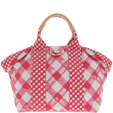 CHANEL Around 2011 Made Gingham Pattern Cc Mark Hnadle Bag Pink/White