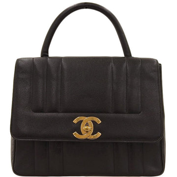 CHANEL Around 1995 Made Caviar Skin Mademoiselle Stitch Turn-Lock Top Handle Bag Black