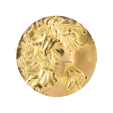 French Becker Art Nouveau Rose-Cut Diamond 18 Karat Yellow Gold Brooch