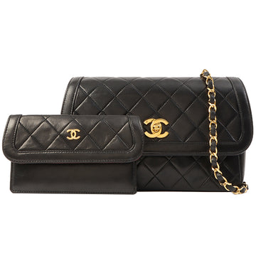 Chanel Around 1990 Made Design Flap Turn-Lock Chain Bag With Pouch Black