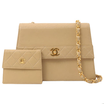 Chanel Around 1990 Made Design Flap Turn-Lock Chain Bag With Pouch Beige