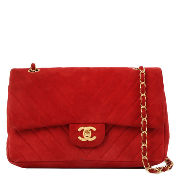 CHANEL Around 1990 Made Suede V Stitch Classic Flap Chain Bag 25Cm Red