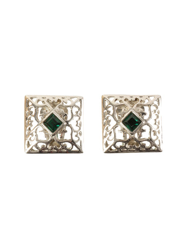 YVES SAINT LAURENT Square Color Stone Design Cut Out Earrings Green