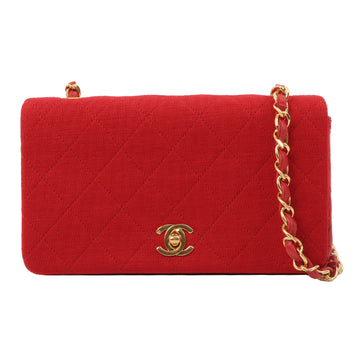 Chanel Around 1990 Made Cotton Leather Combination Full Flap Chain Bag Mini Red