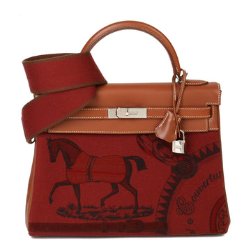 Hermes Rouge H Toile & Barenia Horse Print Amazone Kelly 32cm Sellier Shoulder Bag