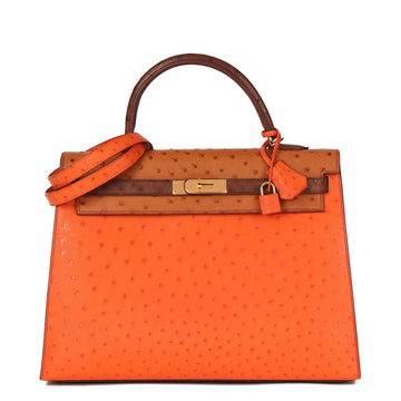 Hermes Tangerine, Cognac & Etrusque Ostrich Leather HSS Special Order Kelly 35cm Sellier Shoulder Bag
