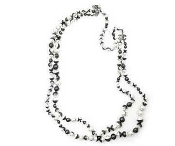 CHANEL Black White Half Half 2 Strand Pearl Long Necklace