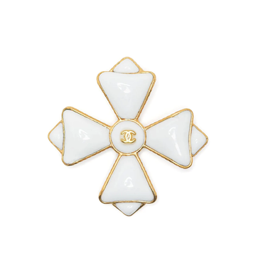 CHANEL White Maltese Cross Brooch