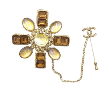 CHANEL Gold CC Brown Yellow Bronze Stone Chain Pin Brooch