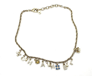 CHANEL Gold Letter Crystal Flower Pendants Chain Necklace
