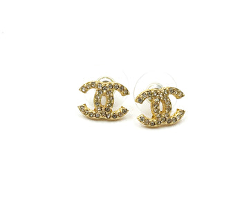 CHANEL Classic Gold Plated CC Crystal Small Curve Piercing Earrings