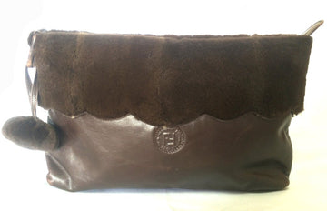 FENDI 80's vintage dark brown large leather clutch purse, pouch, toiletry bag with genuine rabbit fur collar with pom pom