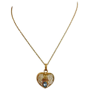 LANVIN Vintage golden skinny chain necklace with heart logo charm pendant top with clear crystals and blue crystal