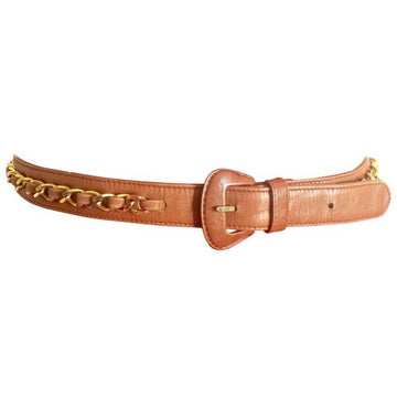 CHANEL Vintage brown leather belt with gold tone chains
