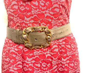 CHANEL Vintage taupe, cocoa brown color thick leather belt with gold tone chain buckle and CC stitch marks