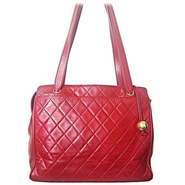 CHANEL Vintage deep red color classic quilted lamb leather tote bag with golden CC ball charm