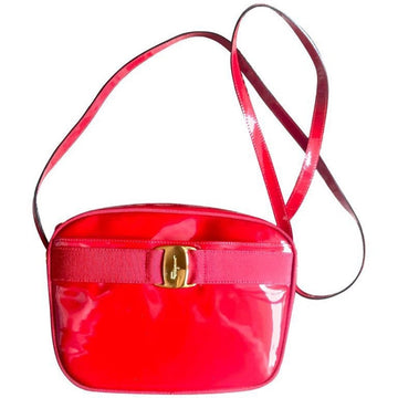 SALVATORE FERRAGAMO Vintage vara collection patent enamel lipstick red shoulder bag with gold tone bow charm