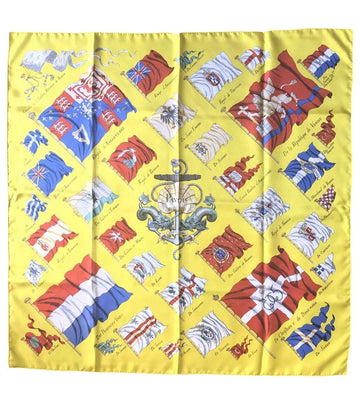 HERMES Vintage Carre large yellow silk scarf with red, blue, and white flag print
