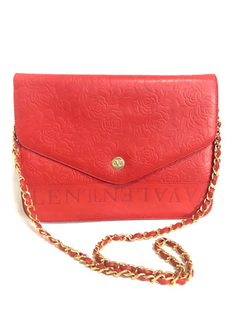 VALENTINO Vintage Garavani red leather chain shoulder bag with rose flower embossed design and round V motif