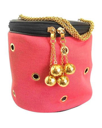 MOSCHINO Vintage by Redwall lunchbox design red jersey and black leather handbag with golden eyelets and ball charms