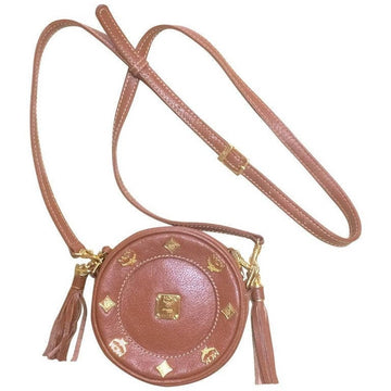 MCM Vintage brown leather round mini Suzy Wong shoulder bag with golden logo motifs