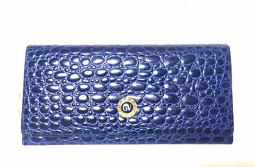 GIANNI VERSACE Vintage croc-embossed leather blue wallet with golden round embossed logo motif