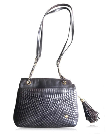 BALLY Vintage quilted dark brown leather chain mix shoulder bag, tote bag with chain straps and a tassel to the zipper