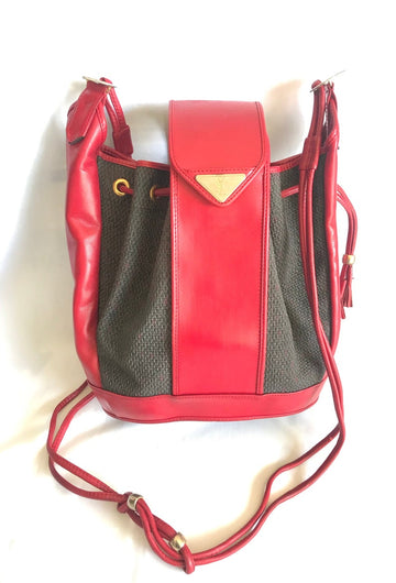 YVES SAINT LAURENT Vintage red and grey hobo bucket shoulder bag with leather trimmings and golden logo plate