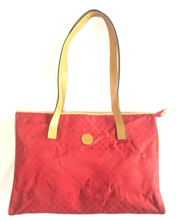 FENDI Vintage red logo jacquard fabric large shopper tote bag with brown leather handles