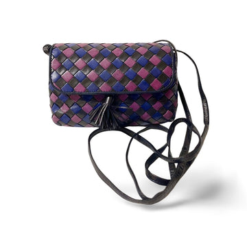 BOTTEGA VENETA Vintage navy, blue, and purple intrecciato woven leather mini shoulder bag with tassel